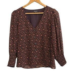 Madewell Burgundy Micro Floral Long Sleeve V-Neck Button Down Blouse